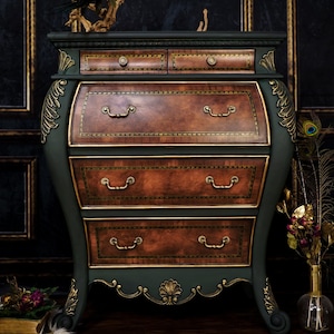 SOLD!  MADAME BOUCHE:  Hand Painted Burled Walnut Bombay Chest