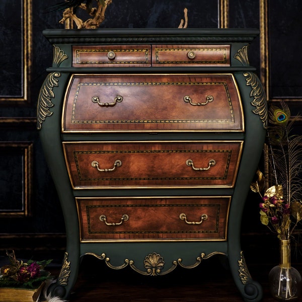 SOLD!  MADAME BOUCHE:  Hand Painted Burled Walnut Bombay Chest