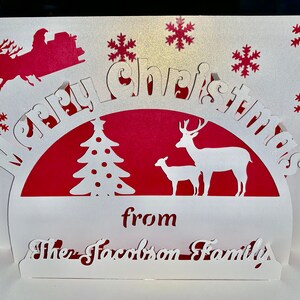 5 set gepersonaliseerde 3D pop-up kerstkaart met rendier en kerstboom met uw familienaam of uw namen - set van 5 kaarten