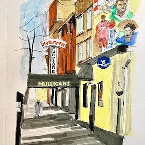 May include: Watercolor painting of a street scene in Hoboken, New Jersey, featuring the signs for Hoboken Furniture and Mulligans. The artwork includes figures and an American flag, with a yellow building and a blue sky.