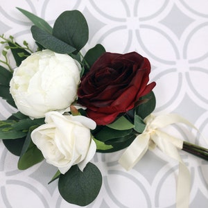 Burgundy Bridesmaids bouquet, White Ivory Wedding Bouquet, faux Flowers, Roses Peonies Eucalyptus Bridesmaids Bouquet, Artificial Bouquets
