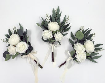 Bridesmaids bouquet, White Ivory Wedding Bouquet, faux Flowers, Roses Peonies Eucalyptus Bridesmaids Bouquet, Artificial Bouquets, silk
