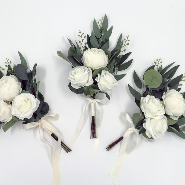 Bridesmaids bouquet, White Ivory Wedding Bouquet, faux Flowers, Roses Peonies Eucalyptus Bridesmaids Bouquet, Artificial Bouquets, silk