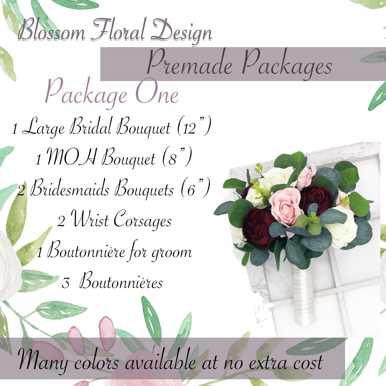 Wedding Floral Package Wine and Blush Wedding Bouquet Bridal
