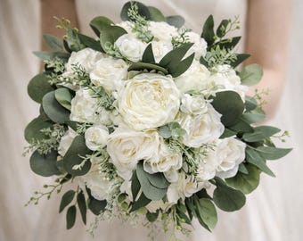 White and greenery bouquet, Wedding bouquet, Bridal Bouquet, Bridesmaids bouquet, Artificial Boho Bouquet, roses, peony, eucalyptus, Ivory