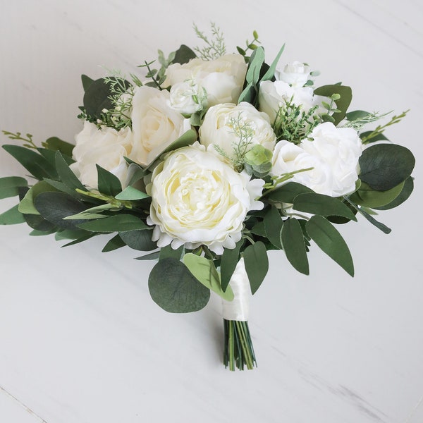 Wedding Bouquet, White and greenery bouquet,  Bridal Bouquet, Bridesmaids bouquet, Artificial Boho Bouquet, roses, peony, eucalyptus, Ivory