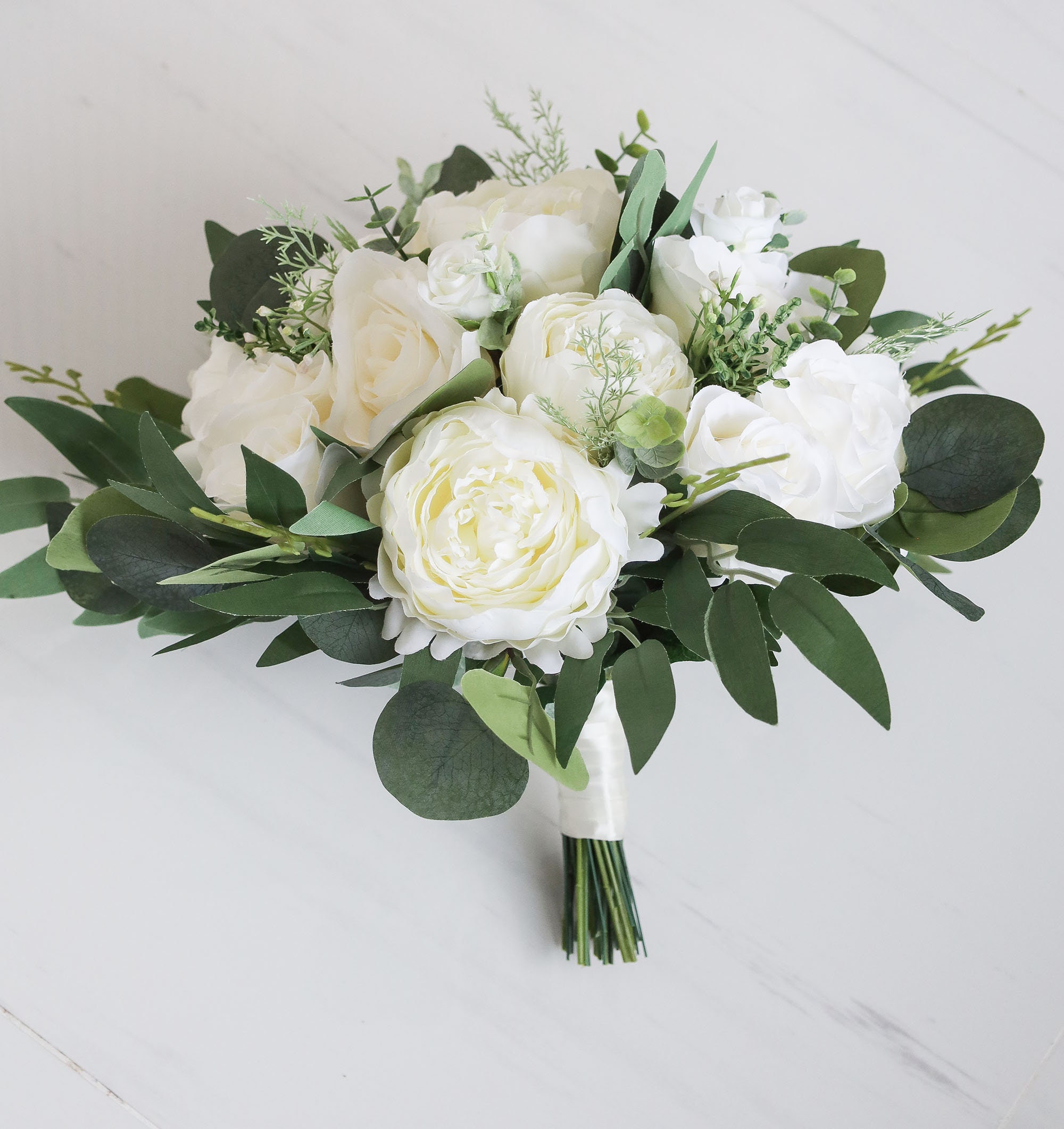 White Rose & Peony Wedding Bouquet W Baby's Breath, White Flower N Lamb's  Ear Bouquet, White Bridal N Bridesmaid Silk Flower Bouquet Wedding 
