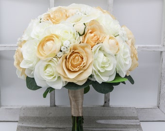 Champaign & Ivory Wedding Bouquet, Bridal bridesmaids Bouquet, Bouquet Packages For Wedding, Artificial Wedding Flowers, rose Bouquet