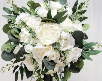 White and greenery bouquet, Wedding bouquet, Bridal Bouquet, Bridesmaids bouquet, Artificial Boho Bouquet, roses, peony, eucalyptus, Ivory