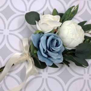 Bridesmaids bouquet, dusty Blue White Ivory Wedding Bouquet, faux Flowers, steel blue Roses Peonies Eucalyptus Bouquet, Mother Flowers