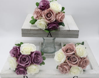 Wedding Bouquet Dusty Rose Mauve Ivory, Artificial Rose Bridal Bridesmaids Bouquets, Silk Faux Flowers for Weddings