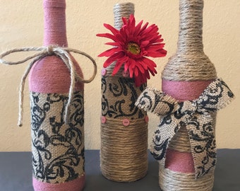 Set Of 3 Twine Yarn Burlap Decorated Wine Bottles 7 Yarn Etsy