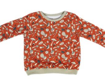 Mushroom Orange sweatshirt, orange baby jumper, mushroom-themed outfit for children, nature-inspired kids' fashion, whimsical kids' clothing