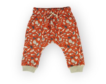 Mushroom Print Baby Harem Pants: Orange Cotton Toddler Trousers