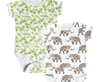 Baby bodysuits bundle of 2, baby onesies set, retro rompers, swedish folklore, dala horses, essential baby clothes, elephants print