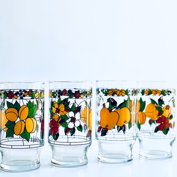 Mid Century Anchor Hocking Hildi Nectarine Blossom Glassware, Vintage Hildi Glass Set 4, MCM Drinking Glass Set, Nectarine Blossom Juice Cup