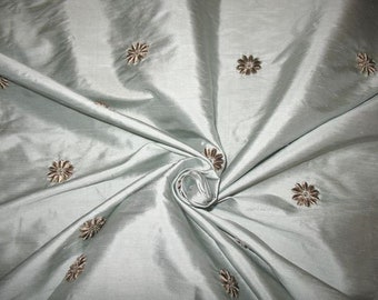 Velvet Embroidered Silk Dupioni Fabric - Blossom - Seaspray