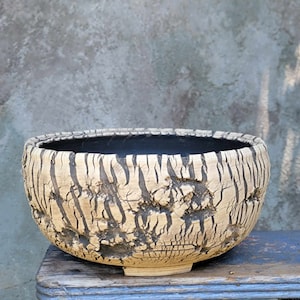 Könnte beinhalten: Eine handgefertigte Keramikschale mit einer strukturierten, rindenartigen Außenseite in Beige und Dunkelbraun. Der Innenraum ist schwarz. Die Schale hat eine breite, flache Form und steht auf einem kleinen, quadratischen Sockel. Diese dekorative Schale eignet sich für die Inneneinrichtung.