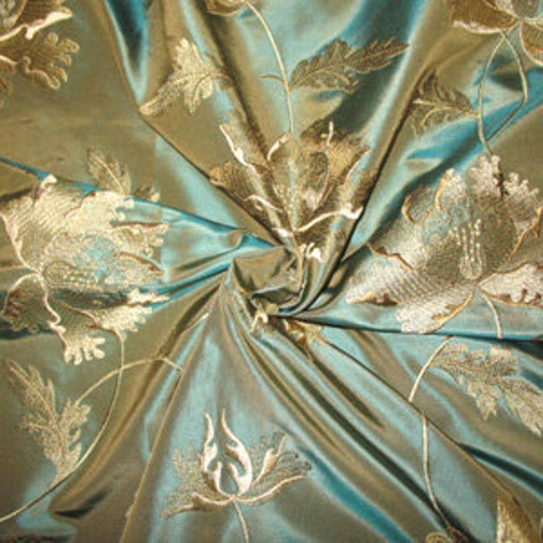 Designer Embroidered Silk Taffeta Fabric - Rumpelstiltskin Collection - Ocean - 54" wide