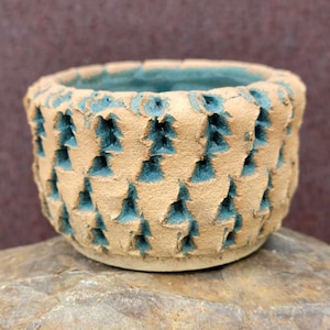 May include: A small, round ceramic planter with a light brown glaze and a pattern of teal green trees. The planter is sitting on a rough, gray rock.