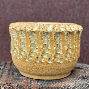 May include: A small, yellow ceramic planter with a textured, white glaze. The planter has a wide, round base and a slightly flared rim.