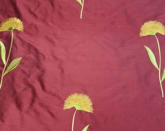 Designer Embroidered Silk Dupioni Fabric - Sunflowers Collection - Garnet - 54" wide