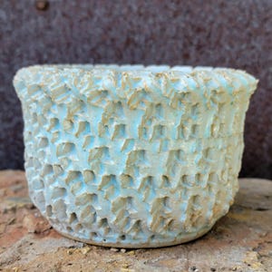 May include: A small, light blue ceramic planter with a textured, grid-like pattern. The rim and textured areas have a light brown color. The handmade pot is suitable for small plants and adds a rustic touch to any space.