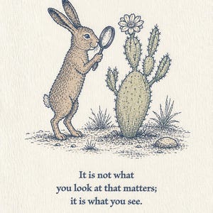 Peut inclure: Une illustration au trait d'un lapin brun debout sur ses pattes arrière, tenant une loupe pour examiner un cactus figuier de Barbarie vert avec une fleur blanche. Sous le dessin figure le texte : It is not what you look at that matters; it is what you see. Henry David Thoreau.
