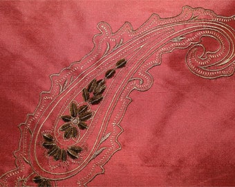 Velvet Embroidered Silk Dupioni Fabric - Redwood