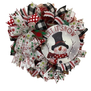 Let It Snow Christmas Wreath with Snowman Sign – 24 Inch Holiday Wreath – Rustic Buffalo Plaid Red and White Winter Door Decor