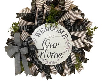 Welcome Wreath for Front Door, Farmhouse Everyday Wreath, Black and Neutral Home Decor