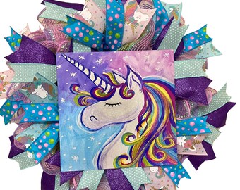 Magical Unicorn Wreath: 22-Inch Rainbow Ribbon Decor