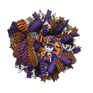 Spooky Skeleton Halloween Wreath, 22" Halloween Door Hanger, Orange, Purple, Black Wreath