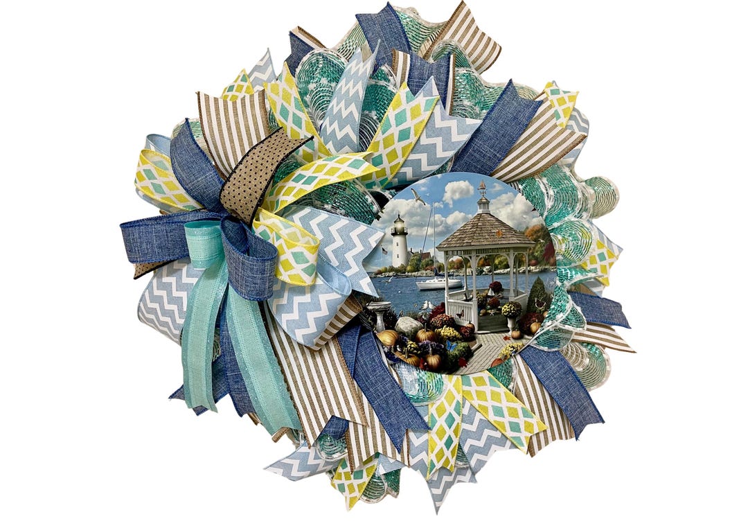 Coastal Lighthouse Wreath With Gazebo Scene | Nautical Summer Deco Mesh ...