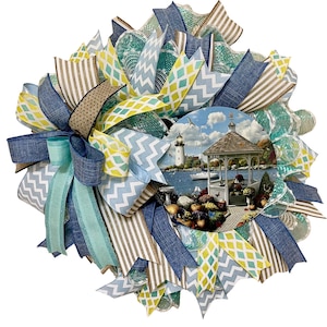 Coastal Lighthouse Wreath with Gazebo Scene | Nautical Summer Deco Mesh Wreath | 22-Inch Beach Cottage Front Door Decor