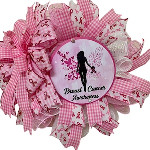 Breast Cancer Awareness Wreath, 20&quot; Pink Ribbon, Deco Mesh Wreath, October Awareness Decor, Pink Door Wreath for Survivor Gift or Support