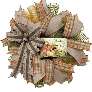 17&quot; Mini Fall Pumpkin Wreath with Thankful and Blessed Sign