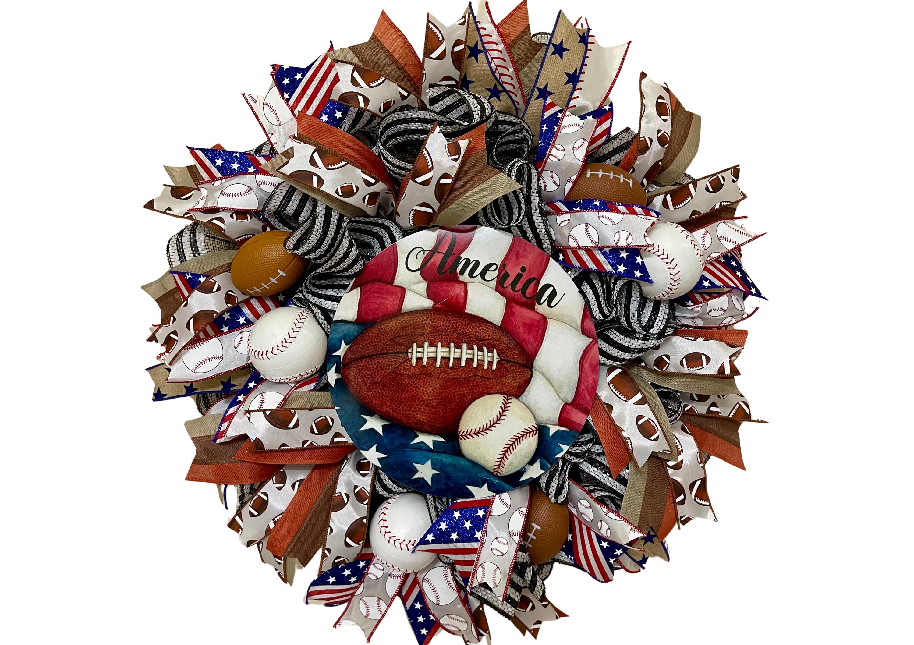 Patriotic Sports Wreath: Baseball Football USA Front Door Decor