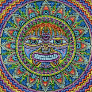May include: A colourful, psychedelic sun with a detailed face, surrounded by a mandala-like pattern of swirling colours and shapes.