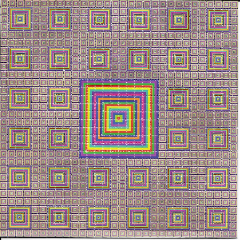 Puede incluir: Un patr&oacute;n abstracto colorido con una serie de cuadrados conc&eacute;ntricos en colores arco&iacute;ris. Los cuadrados est&aacute;n rodeados por una cuadr&iacute;cula de cuadrados m&aacute;s peque&ntilde;os en tonos de morado, amarillo y azul.