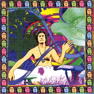May include: A psychedelic artwork featuring a man sitting cross-legged with his arm raised, surrounded by swirling colors, a green leafy tree, and mushrooms. The artwork is framed by a border of repeating faces.
