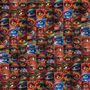 May include: A psychedelic pattern of colorful eyes, each with a unique design and intricate details. The eyes are arranged in a grid pattern, creating a mesmerizing and hypnotic effect.