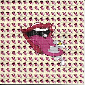 May include: A psychedelic image of a mouth with a tongue sticking out and a smiley face pill dissolving in the saliva. The background is a repeating pattern of the same mouth image.
