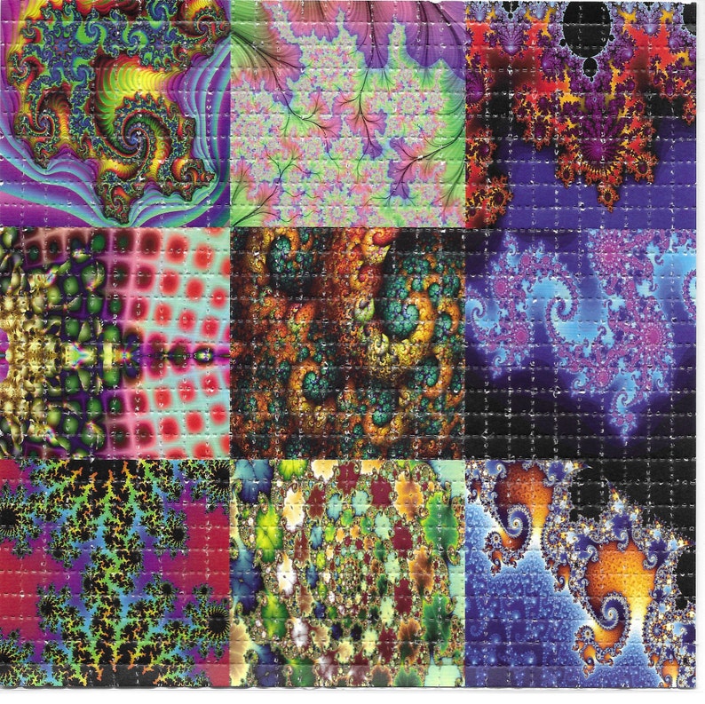 May include: A colorful collage of nine square images featuring abstract fractal patterns in shades of purple, blue, green, red, yellow, and orange.