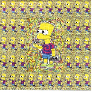 May include: A psychedelic image of a cartoon character with yellow skin, blue eyes, and a purple shirt with a spiral design. The character is holding a mushroom in one hand and a book in the other. The background is a swirling pattern of yellow, red, blue, and green.