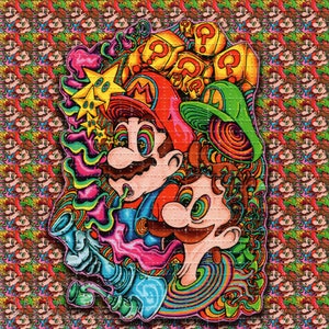 Könnte beinhalten: Eine psychedelische Illustration von zwei Comicfiguren, möglicherweise Mario und Luigi, mit bunten Wirbeln und Fragezeichen. Der Hintergrund ist ein sich wiederholendes Muster der gleichen Figuren.