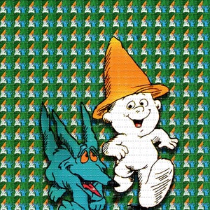 May include: A psychedelic image of a blue creature with a white creature wearing a cone-shaped hat. The background is a repeating pattern of green, blue, and white.
