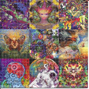 May include: A colorful psychedelic collage with nine different images. The images include a butterfly, a woman with a crown, a spaceman, a planet, and other abstract designs.
