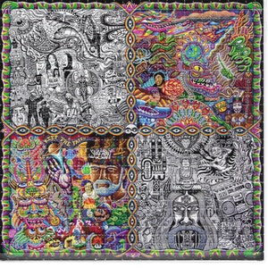 May include: A psychedelic collage featuring a variety of colorful and black and white images. The collage includes a man with a beard, a cartoon character, a dragon, and a variety of other images. The text "Keep the Faith" is visible in the collage.