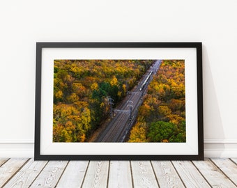 Train in the Fall Foliage Art Print - Interior Design - Train Photography - Train Decor